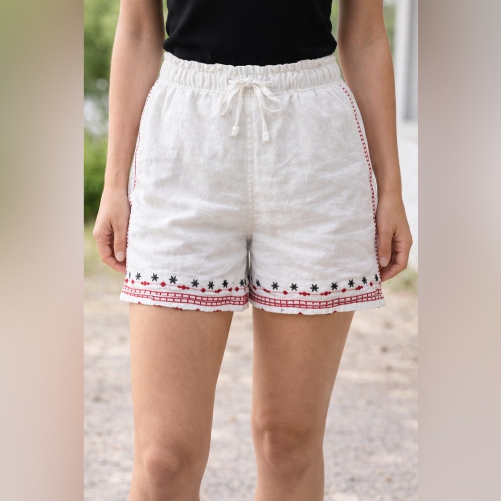 Cynthia Rowley White and Red Embroidered High Waist Shorts
